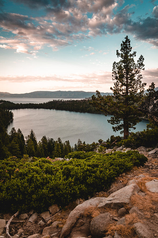 Rocky path with trees above mountain lake.