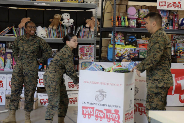 Shelves stocked with donated toys.